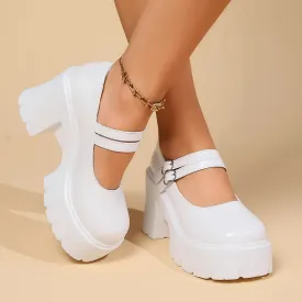 Hnzxzm Super High Heels Mary Jane Shoes for Women White Patent Leather Platform Pumps Woman Ankle Strap Chunky Heel Uniform Dress Shoes