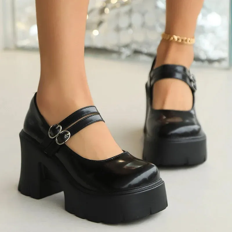 Hnzxzm Super High Heels Mary Jane Shoes for Women White Patent Leather Platform Pumps Woman Ankle Strap Chunky Heel Uniform Dress Shoes
