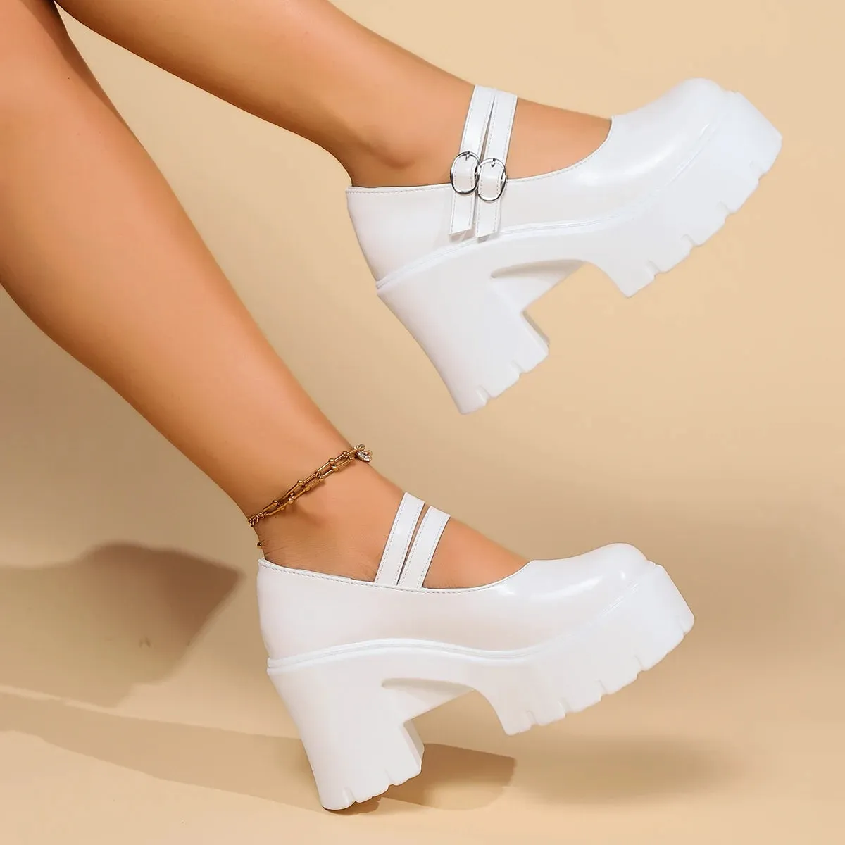 Hnzxzm Super High Heels Mary Jane Shoes for Women White Patent Leather Platform Pumps Woman Ankle Strap Chunky Heel Uniform Dress Shoes