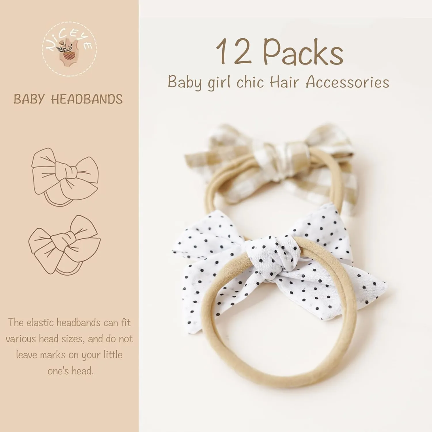 Niceye Handmade Hair Accessories: 12 Packs of Stretchy Nylon Headbands and Bows for Newborns, Infants, Toddler Girls
