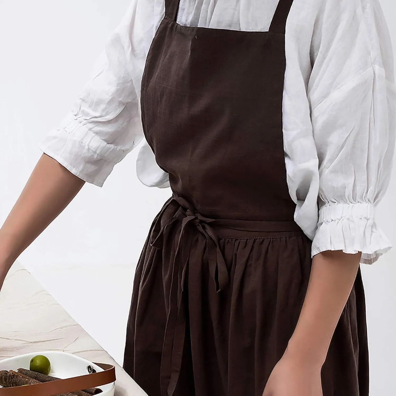 Pleated Cotton Long Apron X Back Kitchen Garden Florist Work Clothes Bib Dress