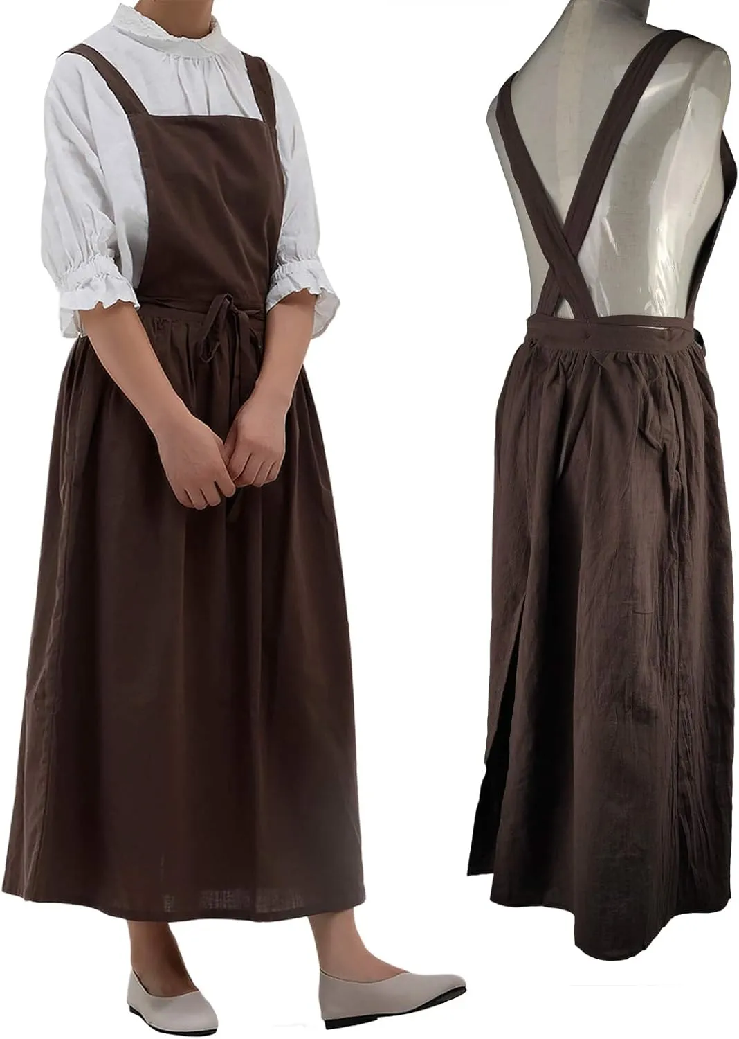 Pleated Cotton Long Apron X Back Kitchen Garden Florist Work Clothes Bib Dress