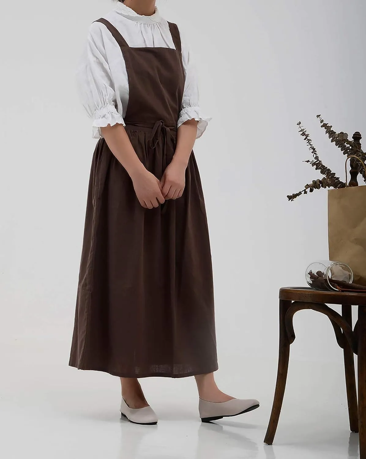 Pleated Cotton Long Apron X Back Kitchen Garden Florist Work Clothes Bib Dress