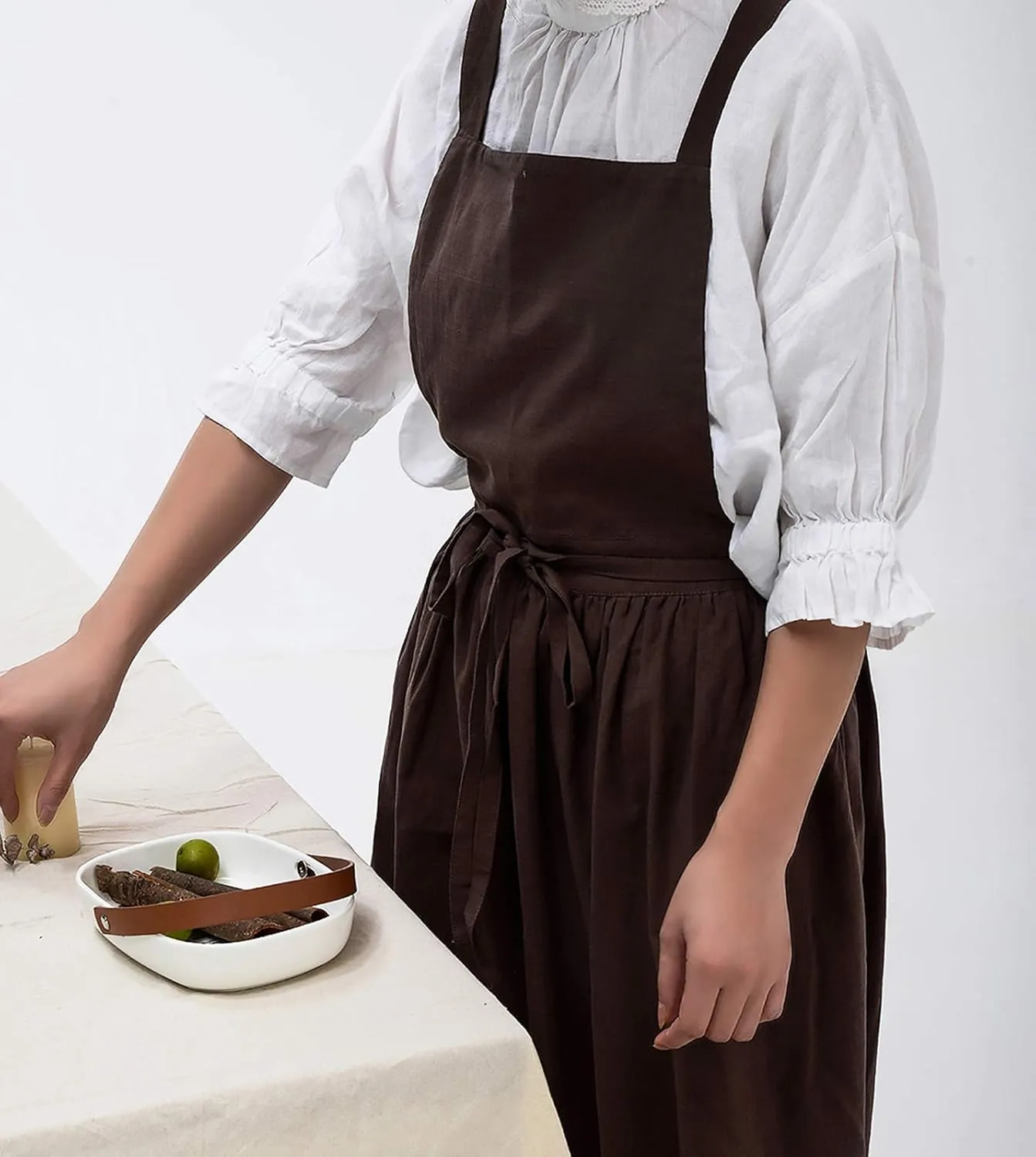 Pleated Cotton Long Apron X Back Kitchen Garden Florist Work Clothes Bib Dress