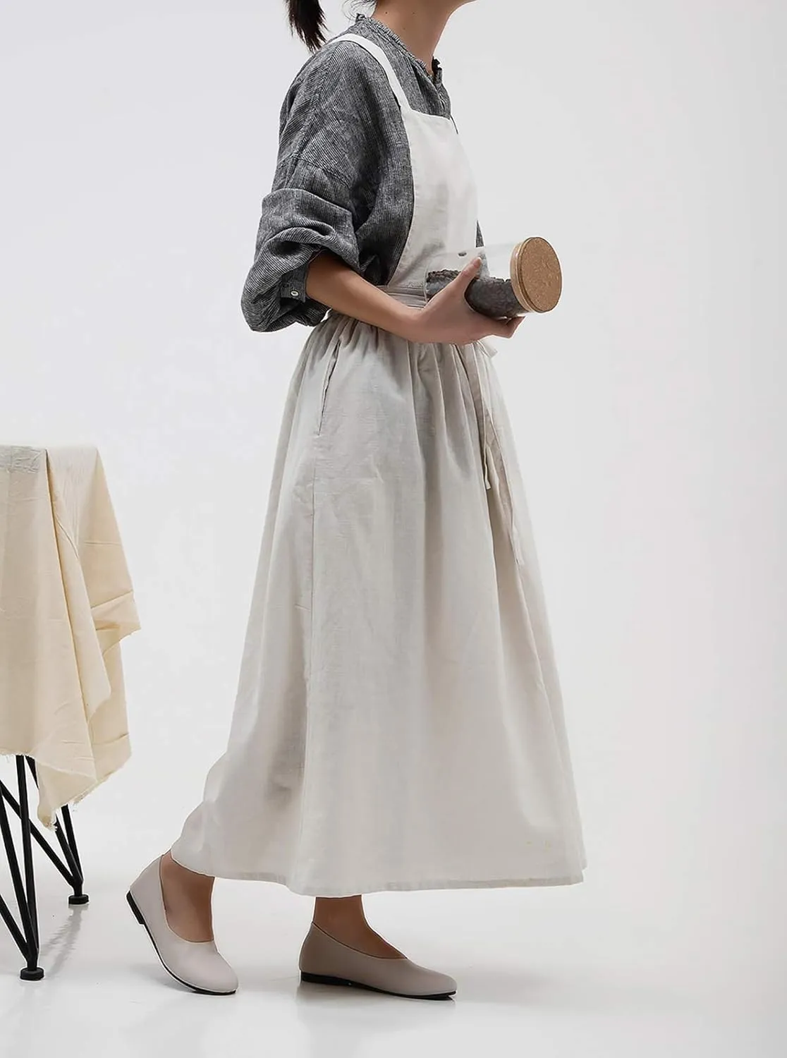 Pleated Cotton Long Apron X Back Kitchen Garden Florist Work Clothes Bib Dress