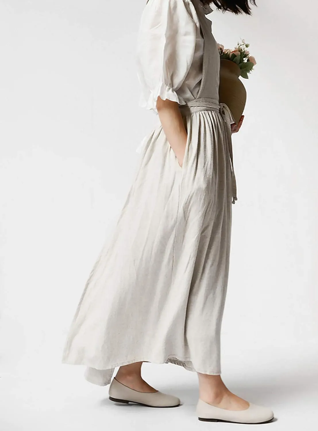 Pleated Cotton Long Apron X Back Kitchen Garden Florist Work Clothes Bib Dress