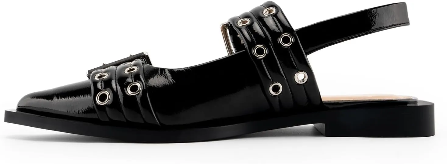 Slingback Flats for Women, Buckle Ballet Flats with Close Toe Pointed Toe Block Heel Dress Flat Shoes