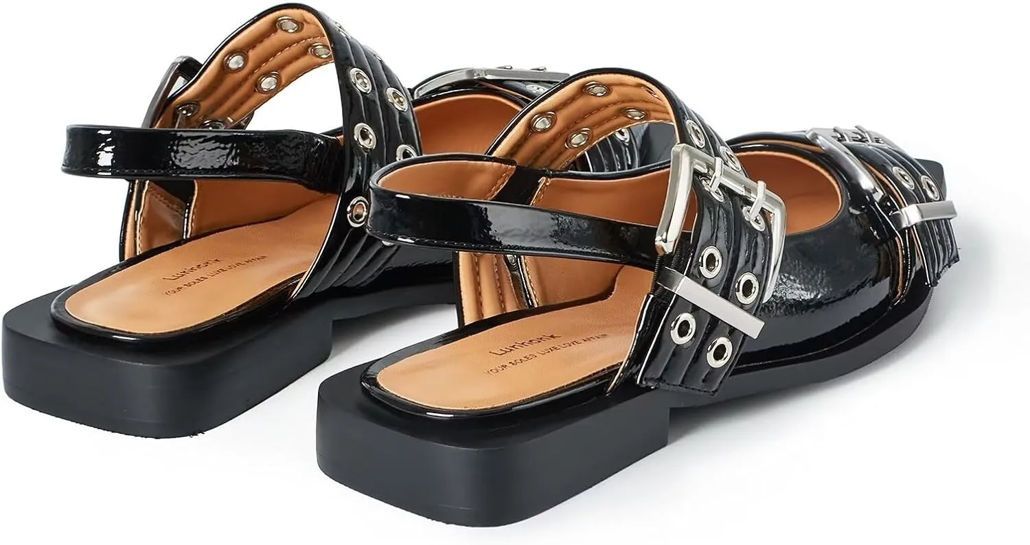 Slingback Flats for Women, Buckle Ballet Flats with Close Toe Pointed Toe Block Heel Dress Flat Shoes